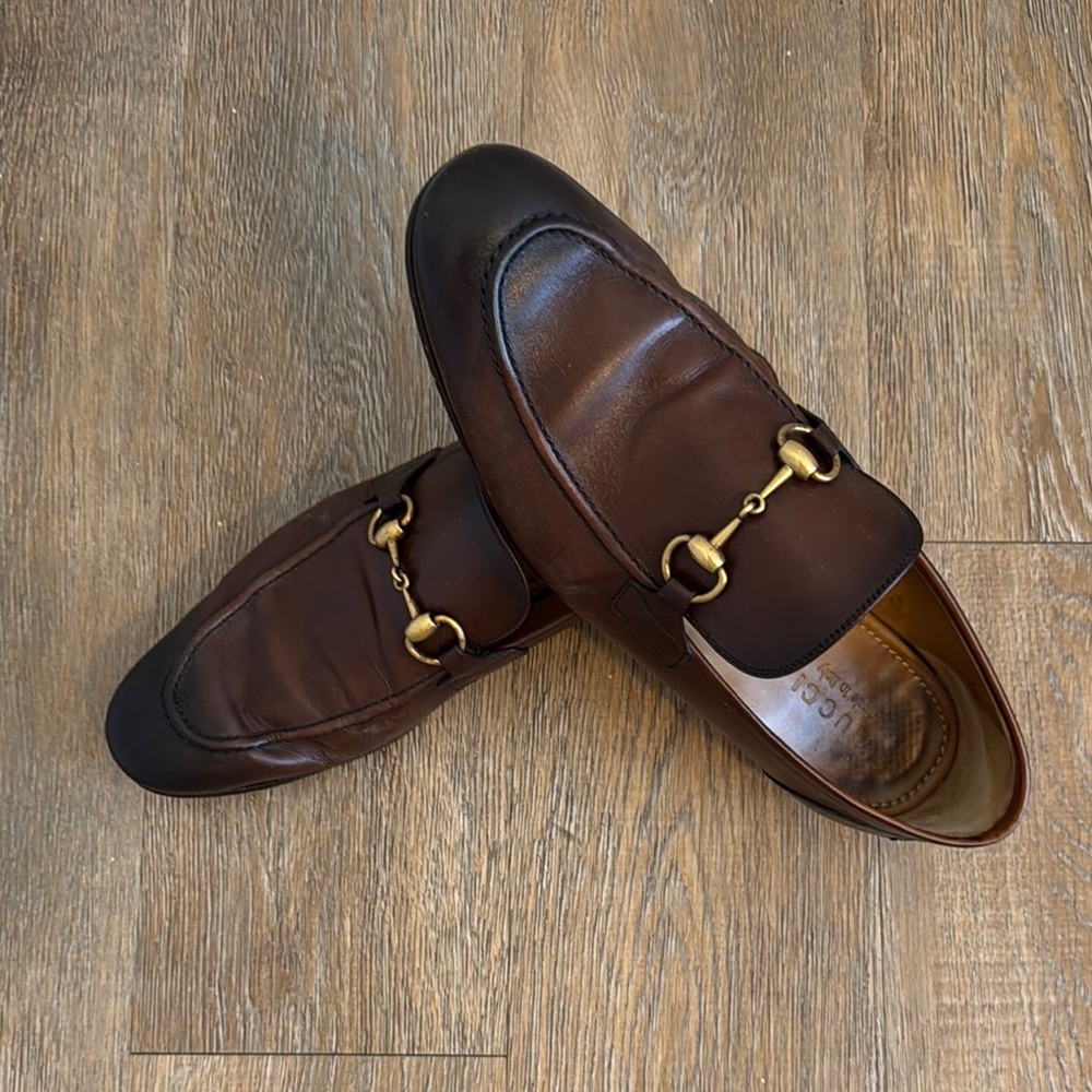 Gucci Brown Leather Loafers with Gold Accents